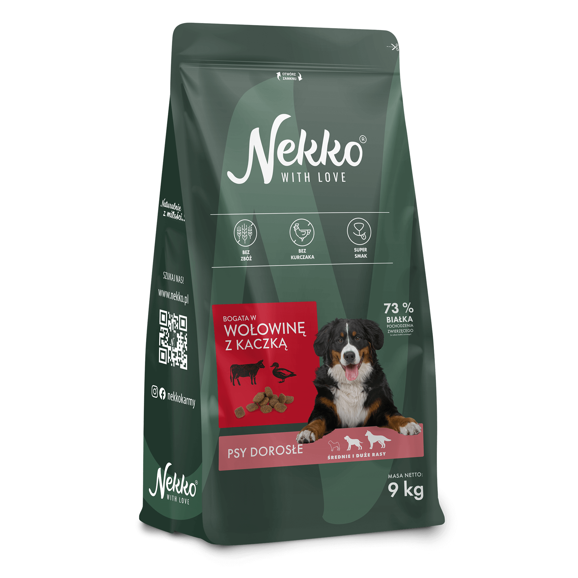 Nekko grain-free dry food for adult dogs of medium and large breeds rich in beef with duck