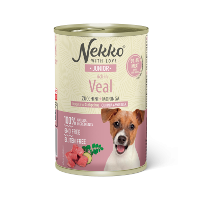 NEKKO canned food for junior dogs, rich in veal, zucchini, and moringa.