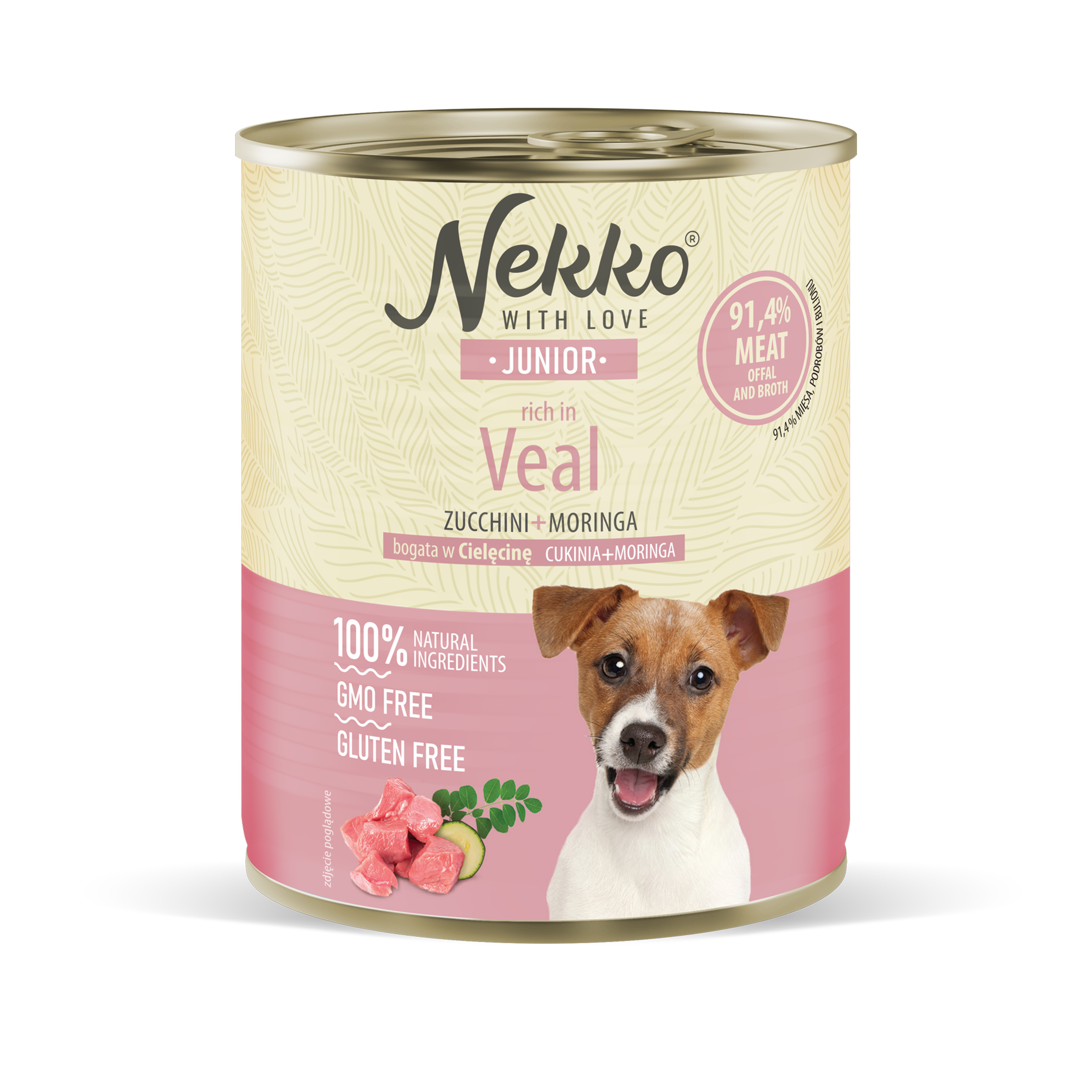 NEKKO CANNED FOOD FOR JUNIOR DOGS, RICH IN VEAL, ZUCCHINI AND MORINGA