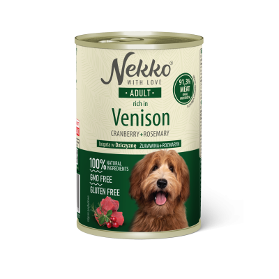 NEKKO canned food for adult dogs, rich in venison meat, rosemary, and cranberries.