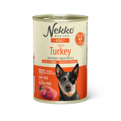 NEKKO canned food for adult dogs, rich in turkey, beetroot, and milk thistle.