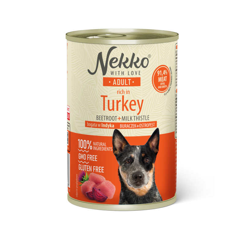 NEKKO CANNED FOOD FOR ADULT DOGS, RICH IN TURKEY, BEETROOT AND MILK THISTLE