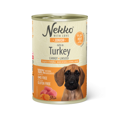 NEKKO canned food for junior dogs, rich in turkey, carrot, and flaxseed.
