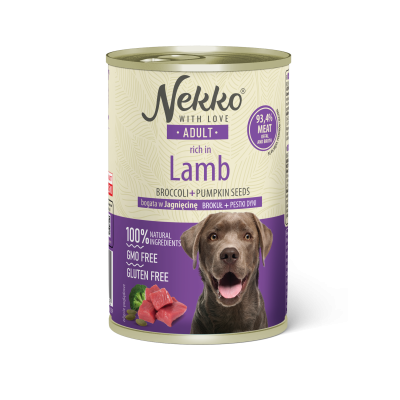 NEKKO canned food for adult dogs, rich in lamb, broccoli, and pumpkin seeds.