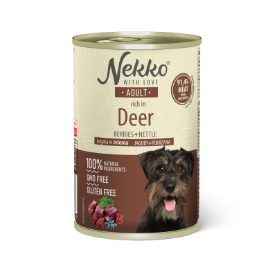 NEKKO canned food for adult dogs, rich in deer, blueberries, and nettle.