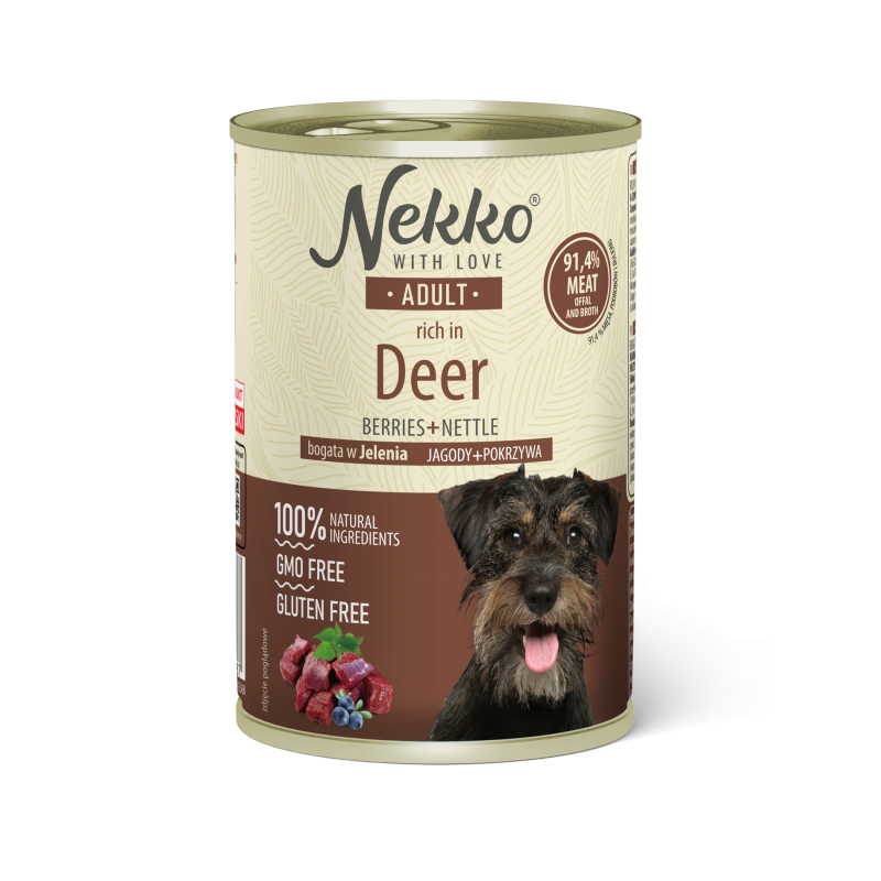 NEKKO CANNED FOOD FOR ADULT DOGS, RICH IN DEER, BLUEBERRIES AND NETTLE