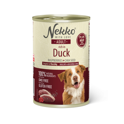 NEKKO canned food for adult dogs, rich in duck, raspberries, and chia seeds.
