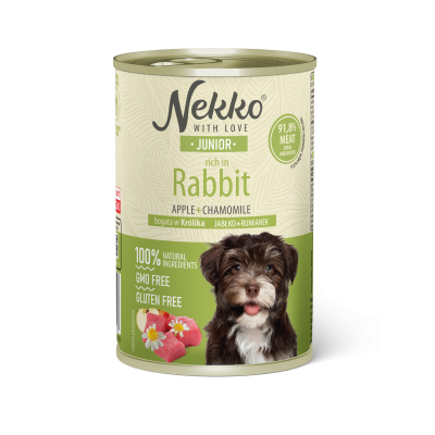 NEKKO canned food for junior dogs, rich in rabbit, apple, and chamomile.