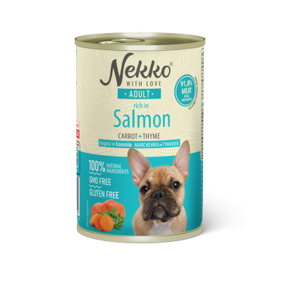 NEKKO canned food for adult dogs, rich in salmon, carrot, and thyme.