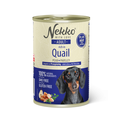 NEKKO canned food for adult dogs, rich in quail, pear, and parsley.
